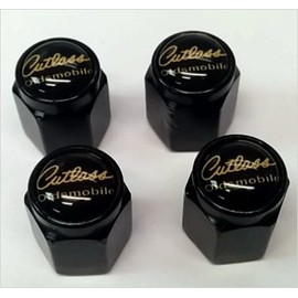Compatible with Oldsmobile Cutlass Supreme 442 Valve Stem Caps (Black - Black/Gold)