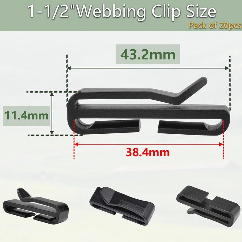 CooBigo 1-1/2" Plastic Webbing Ending Clip, 20 Pack Tactical Molle