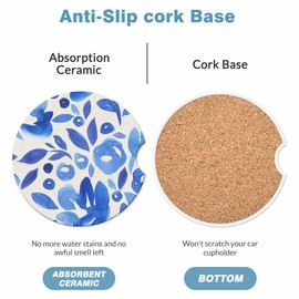 Navy Blue Indigo Flower Car Cup Holder Coaster 2 Pack Absorbent Ceramic Car Coasters for Cup Holders Car Accessories Interior Universal Anti Slip Cork Base Cup Coasters with Finger Notch