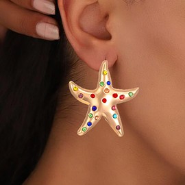 Sttiafay Exaggerate Large Starfish Earrings Gold Starfish Dangle Earrings Summer Beach Ocean Star Earring Colorful Crystal Star Earring Jewelry for Women