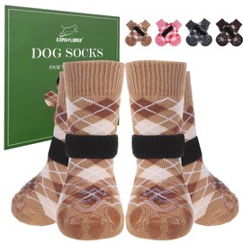 EXPAWLORER Dog Socks to Prevent Licking Paws,Dog Shoes for Hot Pavement,4 Pcs Double Sided Anti Slip Dog Socks with Grippers,Dog Booties for Small Medium Large Senior Dogs,British Style,Khaki M