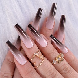 Gradient Color Long Coffin Press On False Nails Medium Length Full Cover Acrylic Fake Nails Ballerina Nails for Women Lady Nail Salons and Home DIY Nail Art 24PCS (LF548 Light Pink)