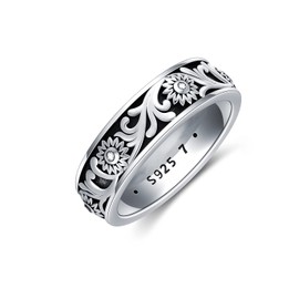 SOULMEET 925 Sterling Silver Sunflower Band Ring Floral Pattern Promise Rings for Women Girls, Metal