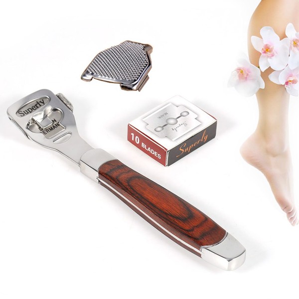 3 types of foot scraper, multi-functional wood handle, stainless steel remover, foot watching, pedicure tool for dry dead and broken foot skin remover. 3
