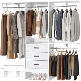 Cyclysio 5FT Wooden Closet System with 3 Fabric Drawers, 19-59 Inches(cut to fit) Sturdy Walk In Closet Organizer System With 3 Adjustable Shelves - Color: White