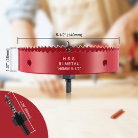 Hole Saw 5 1/2 Inch, 32 mm Cutting Depth HSS Bi-Metal Hole Cutter for Cutting Wood, Plastic, Drywall, Plasterboard and Soft Metal Sheet, Red
