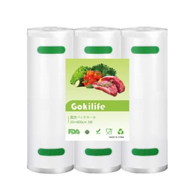 Gokilife Vacuum Packaging Bags, Rolls, PA+PE Safe Materials, 7.9 x 236.6 inches (20 x 600 cm), Set of 3, Food Sealer, Vacuum Sealer Roll for Vacuum Sealer Machine, Freely Cut, Embossing, Special Antibacterial Bag, Long Lasting, Food Storage, Freezer Stor