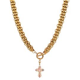 jomjeu Cross Necklace for Women Pink Zircon Necklaces 18K Gold Plated Stainless Steel Chain Pendant Necklace Classic Trendy Toggle Chunky Gold Necklaces Jewelry Gifts for Women