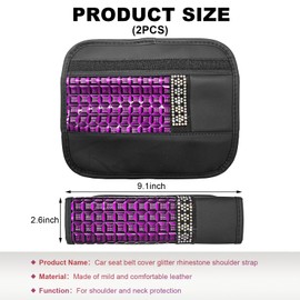 Gasedin 2 PCS Car Seat Belt Cover, Bling Rhinestone Crystal Seat Belt Shoulder Pad Neck Cushion Protector, Leather Diamond Seatbelt Shoulder Strap Covers, Interior Car Accessories (Purple)
