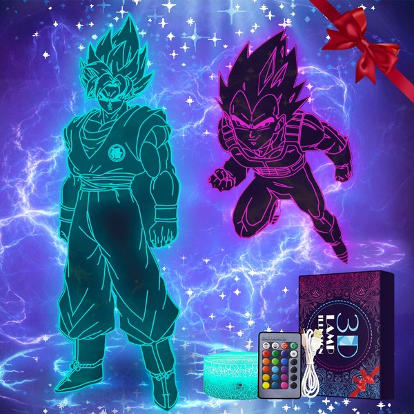 2 Pieces Anime Goku & Vegeta Gifts Decoration Night Light 3D LED Illusion Lamp with Remote Control & Touch 7 Colours + 16 Colours Changing Opreated Dimmable Bedside Lamp for Children Men Fans