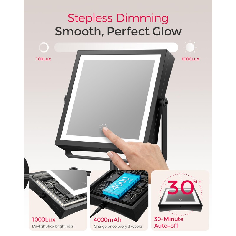 WZKALY Rechargeable Wall Mounted Makeup Mirror with Lights, 4000mAh Double