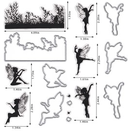 Hying Spring Fairy Background Stamps and Dies for Card Making, Grass Dancing Fairy Cutting Die and Clear Stamps for Bullet Journal DIY Scrapbook Decoration Handmade Crafts Notebook