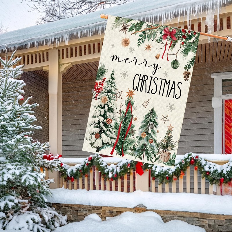 Christmas House Flag 28x40 Inch Large Winter Pine Trees Farmhouse
