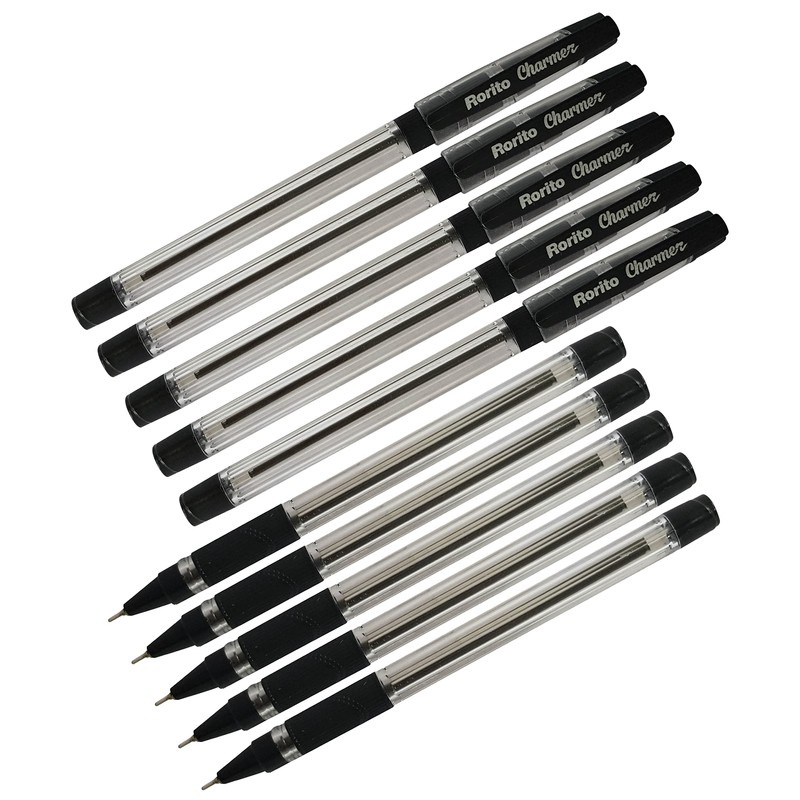 rorito 10 x 0.7mm Charmer BLACK Ballpoint Pens Soft Grip
