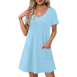 OFEEFAN Women's Summer Dresses Short Sleeve T Shirts Dress Casual V Neck Vacation Beach Sundress with Pockets Beach Vacation Essentials Fashion A Blue L