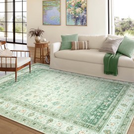 LIVEBOX Green Washable 5x7 Rug, Soft Boho Rug for Living Room, Non-Slip Vintage Floral Bedroom Area Rugs, Stain Resistant Indoor Carpet for Dining Room Home Office