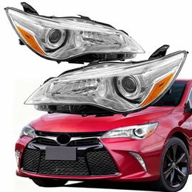 Pair Headlight Assembly Set For 2015 2016 2017 Toyota Camry SE LE XLE Hybrid Replacement with projector Halogen Headlamps Driver and Passenger LH RH Side Chrome Housing Clear Lens OE Style(LH&RH)
