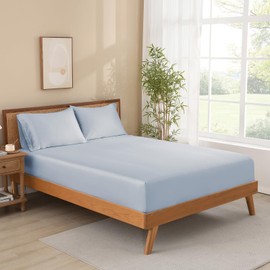 Queen Size Fitted Sheet Only, 100% Viscose from Bamboo, 300TC Sateen Weave, Silky Soft, Cooling, 16" Deep Pocket, All Round Elastic, No Slip, No Pilling, Blue