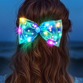 HEREAD Pearl Hair Bow Clips Light Up Bowknot Hair Barrette Wedding Birthday Hair Accessories for Women (Purple Green)