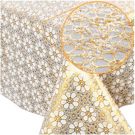 Tablecloth Washable Oilcloth Lace Vinyl Crochet Lace Look 100 x 138 cm Flowers Gold Wipe Clean