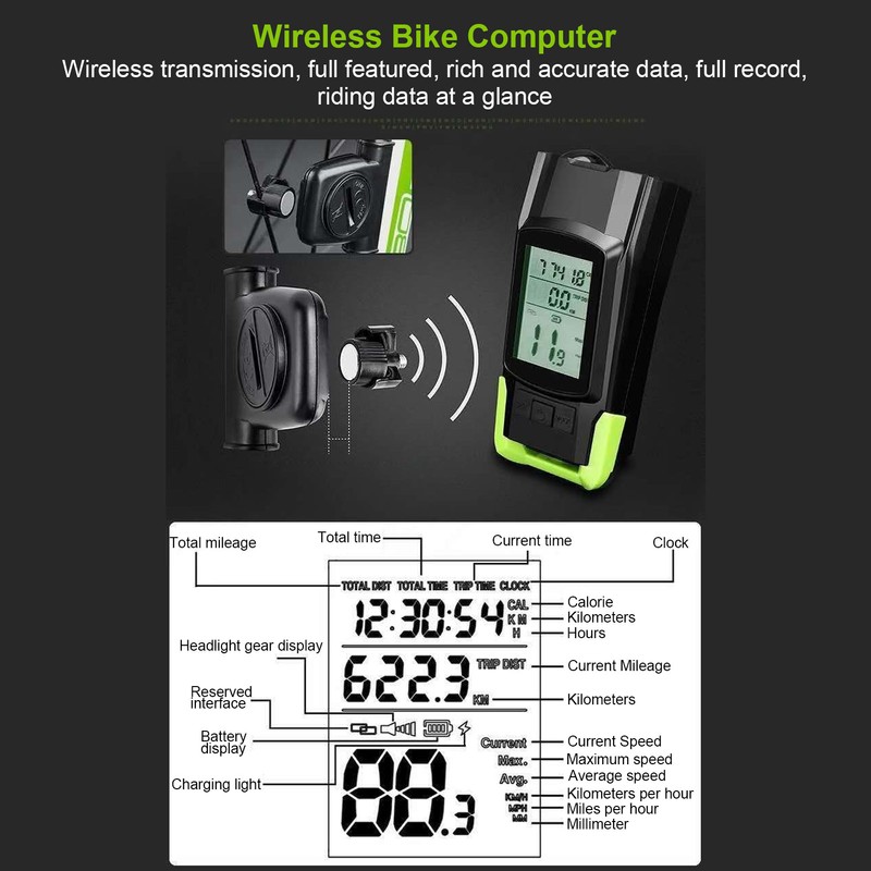 Wireless Bike Computer LCD Backlit Display Waterproof Bike Speedometer Odometer