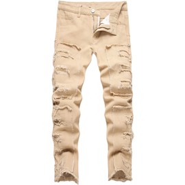 Anbreuinron Boy's Khaki Stacked Jeans Skinny Fit Ripped Destroyed Distressed Fashion Comfy Denim Jeans Pants,14