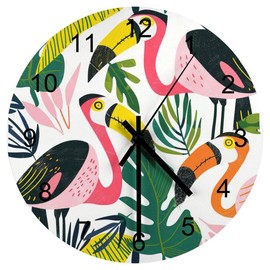 Tropical Toucans Pink Flamingos And Palm Leaves Wood Clock Tropical Palm Tree Parrot Toucan Bird Summer Design Wooden Decorative Silent & Non-Ticking Home Office Arabic Numeral 12 Inch Round Wall Antique