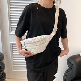 Quilted Metallic Chest Fanny Pack, Iridescent Bumbag for Women, Shiny Crossbody Sling Bag, Holographic Casual Waist Belt Hands-Free Purse for Shopping Travel Daily Sports Outdoor (White)