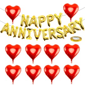 Happy Anniversary Balloons Decorations - 16 Inch Gold Anniversary Letters Banner with 18 Inch Heart Balloons, Happy Anniversary Backdrop for Room Wedding Party Celebrations Valentines Day Decor