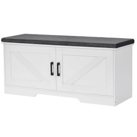HOMSHO 2-Tier Storage Bench, 39.4" Wide Shoe Bench with Padded Seat Cushion, Entryway Bench with 2 Barn Doors and Adjustable Shelf, White