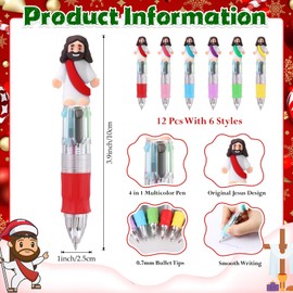 Bememo 12 Pcs Little Jesus Pen Original Design Mini Jesus Multicolor Pen in One Christian Pens Cute Jesus Ballpoint Pens for Religious Party Favors Birthday Church Christmas Gift Classroom Prizes