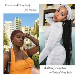 kachanaa 4 Pcs Solid Color Stretch Knit Head Wrap Extra Long African Head Scarf Breathable Turbans for Women/Black, White, Army Green, Coffee