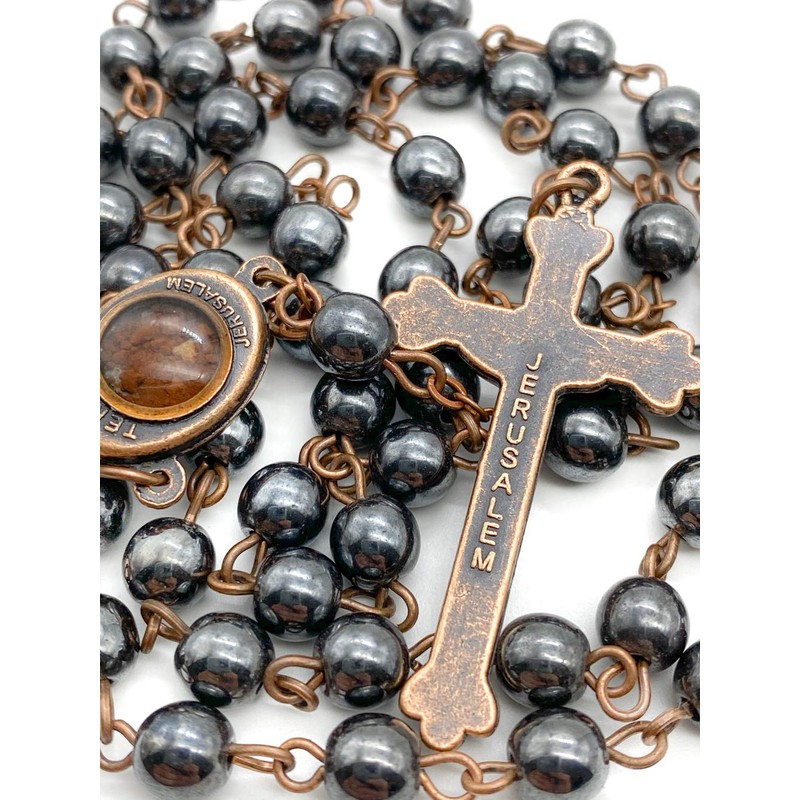 Nazareth Store Hematite Rosary Black Stone Beads Necklace with Jerusalem