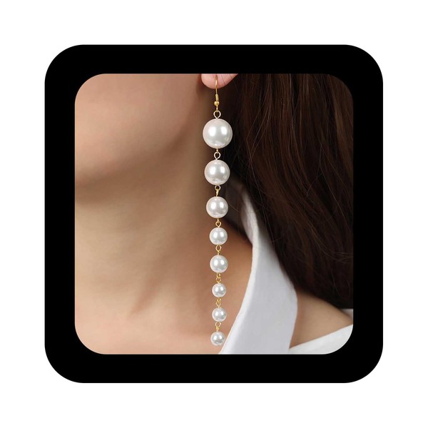 Jugielu Boho Long Pearl Tassel Earrings Gold Pearl Dangle Earrings