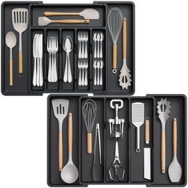 Lifewit Silverware Drawer Organizer and Utensil Organizer Set, Expandable Cooking Cutlery Tray for Kitchen, Adjustable Plastic Flatware Holder Storage Divider for Spoons Forks Knives, Large, Black