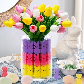 Easter Bunny Table Decorations Indoor - 60Pcs Easter Peeps Decor - Multicolor Artificial Tulips & Bunny Vase Fillers Set - Spring Home Decor, Easter Party, Centerpiece Displays (Vase Not Included)