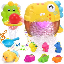 O WOWZON Baby Bath Toys, Dinosaur Automatic Bath Bubble Maker w/ 6 Soft Lights, Music, 2-in-1 Basketball Hoop& Fishing Game w/Bathtub Floating Toys, Wind-up Duck Shower Pool Toy for Kids Boys Girls