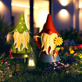 HONGLAND Metal Gnome Yard Art -18 Inch Garden Gnomes Statues Outdoor Decor with Solar Lantern Lights -3D Outdoor Figurines for Patio Yard Lawn Porch Ornament Gardening Gifts
