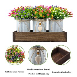 HEMYLU Table Centerpiece Decoration Artificial Flower Set with 3 Fake Milan Bouquet and Wood Tray for Desk Home Bathroom Office Décor