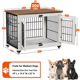 Lulive Dog Crate Furniture for Medium Dogs, 32'' Dog Kennel Indoor with Cushion & Wheels Wooden Dog Cage Double Doors Dog Crate End Table, White