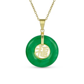 Bling Jewelry Asian Style Circle Round Disc Donut Good Fortune Fu Character Chinese Symbol Dyed Green Jade Disc Pendant Necklace For Women 14K Gold Plated .925 Sterling Silver