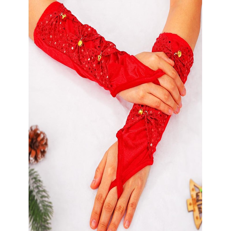GEMILY Red Christmas Fingerless Gloves Sequin Long Glitter Gloves for