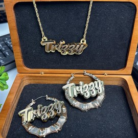 Custom Nameplate Jewelry Set | 2.5" Gold Bamboo Hoop Earrings | Nameplate Necklace | Laser-Cut Gold Script Letters | Gold Mirror Background | Optional Wood Gift Box | Crafted in CT, USA