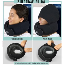 Snux Travel Neck Pillow with Hood - Memory Foam Neck Pillow - Hooded Travel Neck Pillows for Airplanes Car Rides & Home Relaxation (Black)