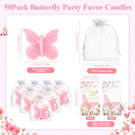 50 Sets Butterfly Baby Shower Party Favors Butterfly Shaped Candle, Scented Pink Tea Lights Candles with Thank Cards, Cute Butterfly Decorations for Guests Wedding Bridal Shower (Pink)