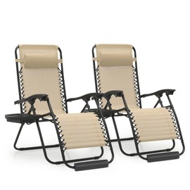 MoNiBloom 25-Inch Zero Gravity Chairs Set of 2, Patio Anti Gravity Recliner, Foldable Outdoor Lounger with Cup Holder Tray, Headrest and Footrest for Beach Camping, Cream