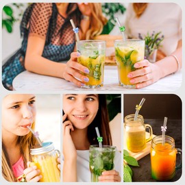 8 Pcs Fashionable Glass Straws with Bow Charms, Shatterproof Cute Fun Clear Bent Straws, Includes 2 Cleaning Brushes, Perfect for Cocktails, Coffee, Wine, Juices and Bar Drinks (Bow)