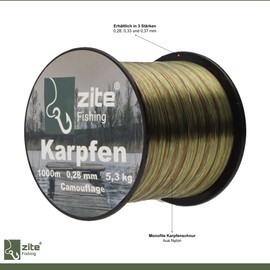 Zite Fishing Monofilament Fishing Line in Camouflage - Carp Line 0.28 mm 1000 m Spool - Abrasion-Resistant Carp Line Nylon Line with 5.3 kg Load Capacity