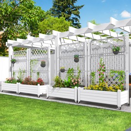 YITAHOME 43.3x17.7x61 in Planter Trellis Box with Wheels & Drain Plug, Outdoor Resin Raised Garden Bed for Climbing Plants, Large Weather-Resistant Design, Grayish-White
