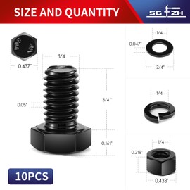 1/4-20 x 3/4" Hex Head Screw Bolt, Nuts, Flat & Lock Washers, 10Pcs 18-8 (304) Stainless Steel, Fully Threaded, Black Oxide by SG TZH